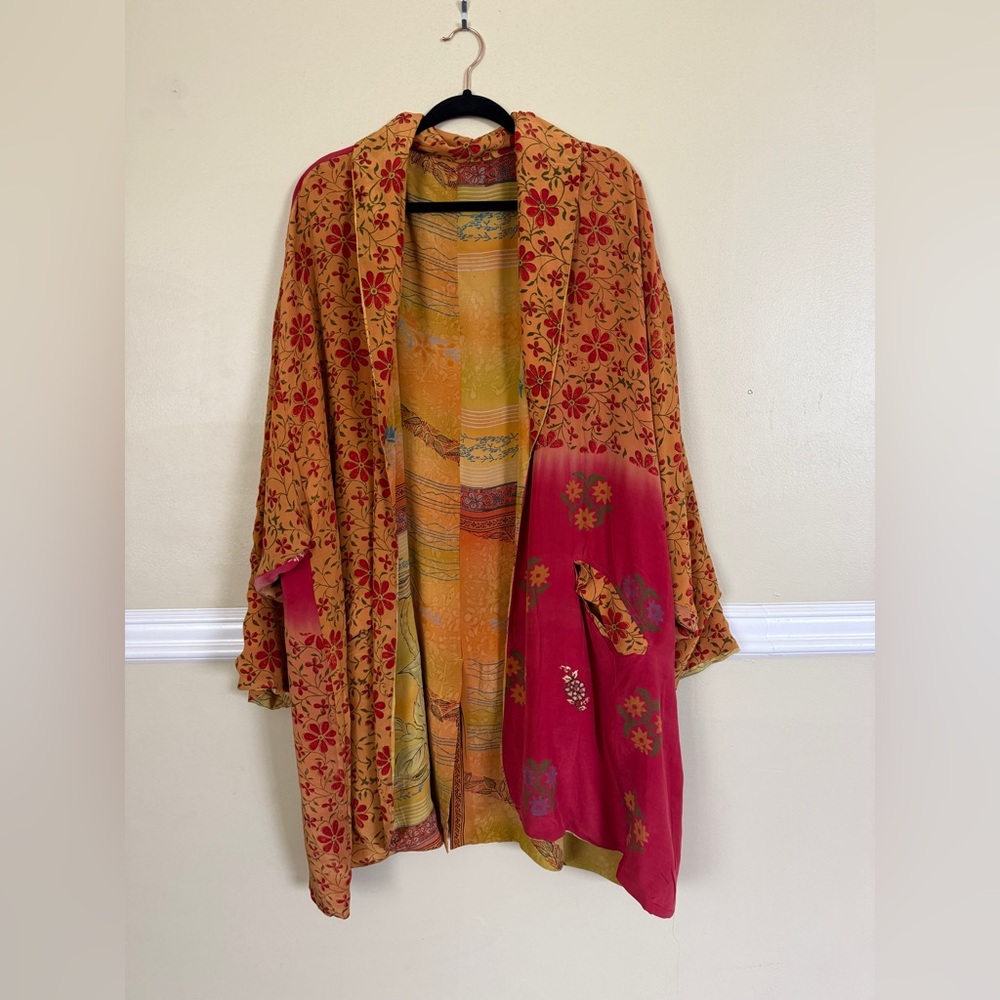 Kantha Bae Boho Floral Patchwork Kimono Cardigan in Mustard & Magenta O/S